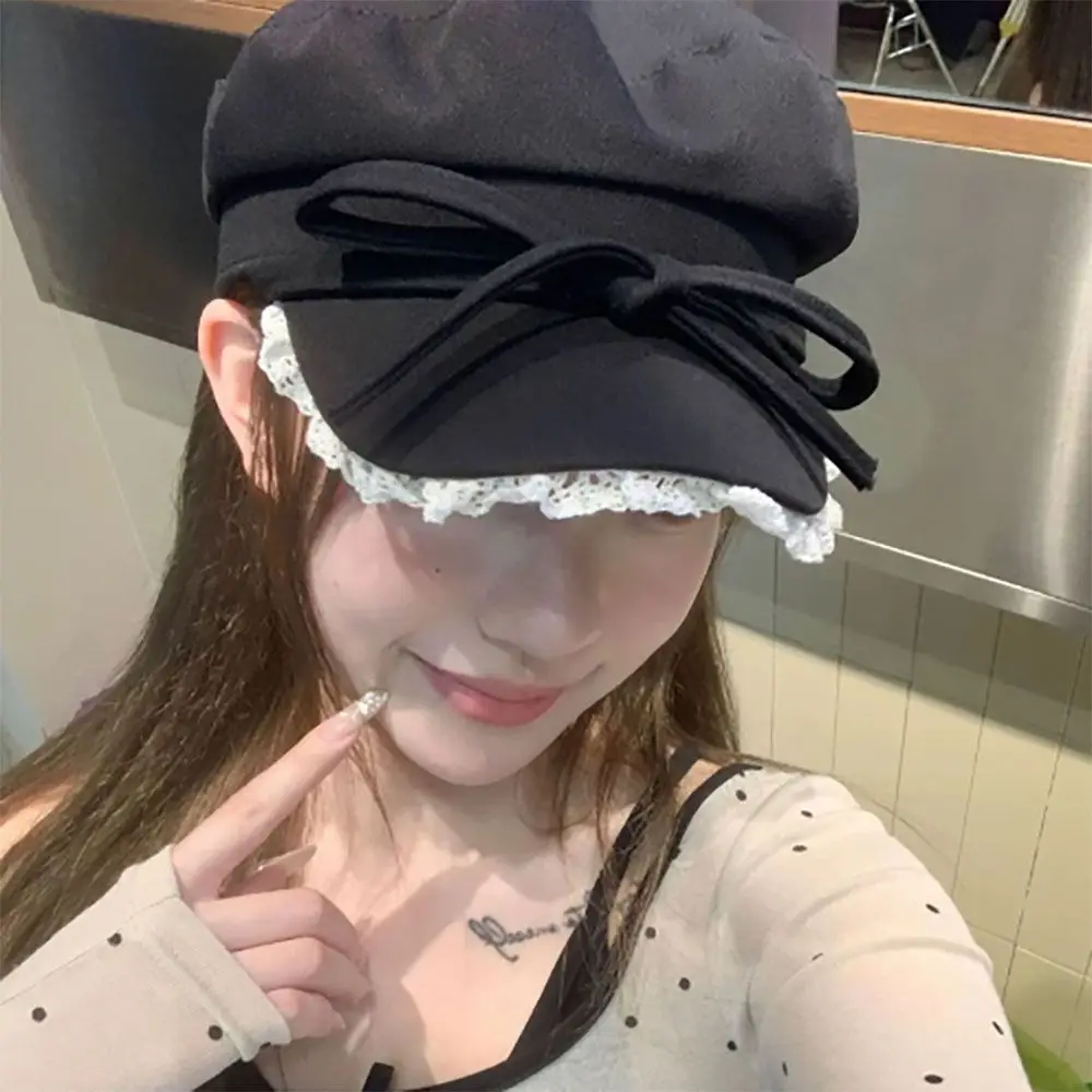 Korean Style Bow Lace Edge berets hat cotton newsboy cap Beret INS Octagonal Hat Newsboy Hat Show Small Facial Features Sun Protection Hats Versatile Sun Hats