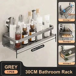 Aluminum Bathroom Shelf Suction Cup Shampoo and Makeup Storage Organizer, No-Drill Wall-Mounted Shower Shelf (Gray 30CM)