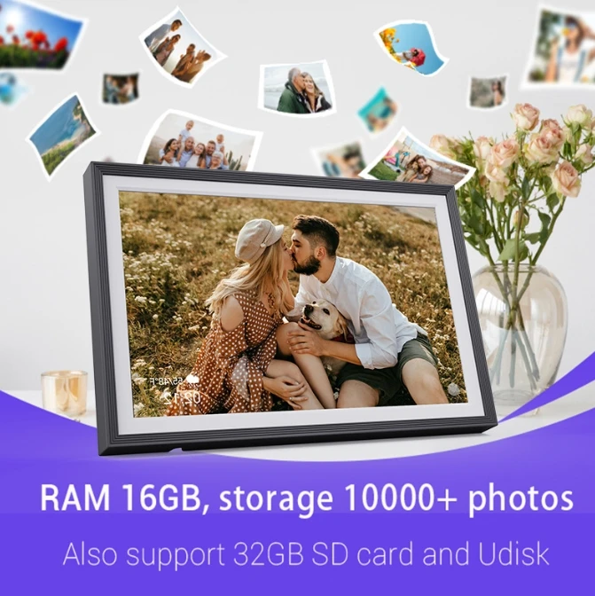 Touch-Screen Digital Photo Frame 10.1 Inch 32G Auto Rotation Photo Sharing Via Frameo APP Selling acrylic digital photo frame