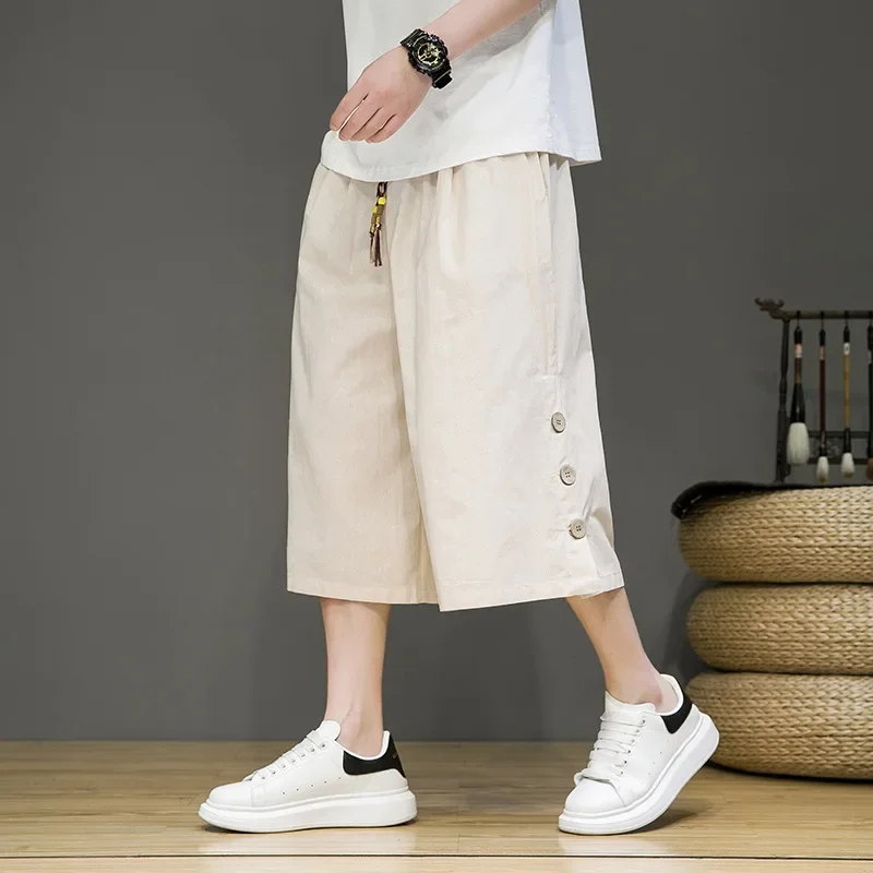 النمط الصيني الرجال القطن الكتان السراويل عارضة الرياضة الشاطئ السراويل مستقيم الساق السراويل موسم الصيف