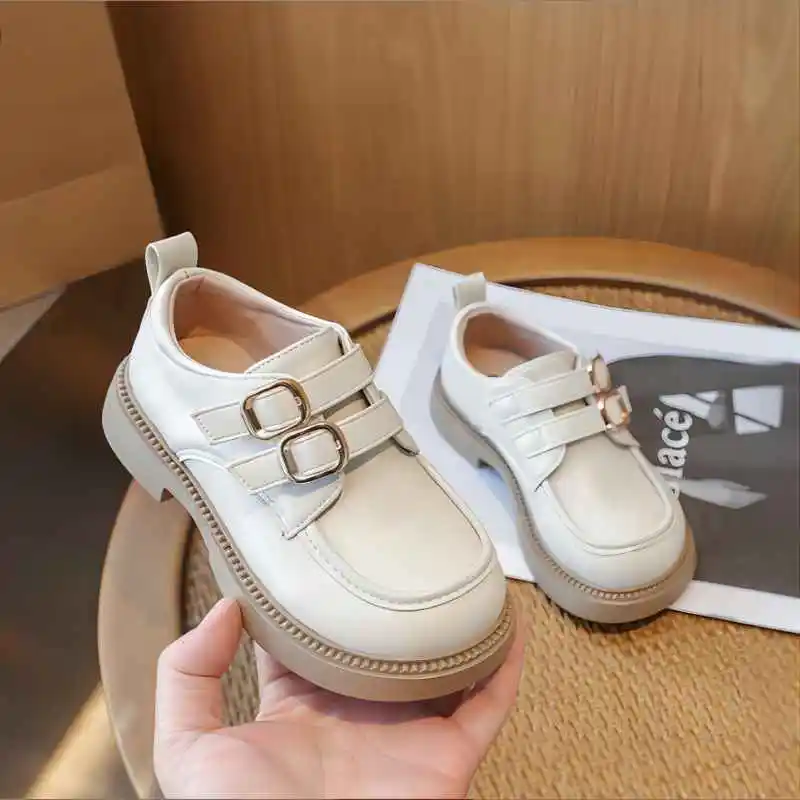 Children Leather Shoes Girls Metal Button Princess Leather Shoes Round Toe Non-slip Soft Sole Loafer Size 23-36 2