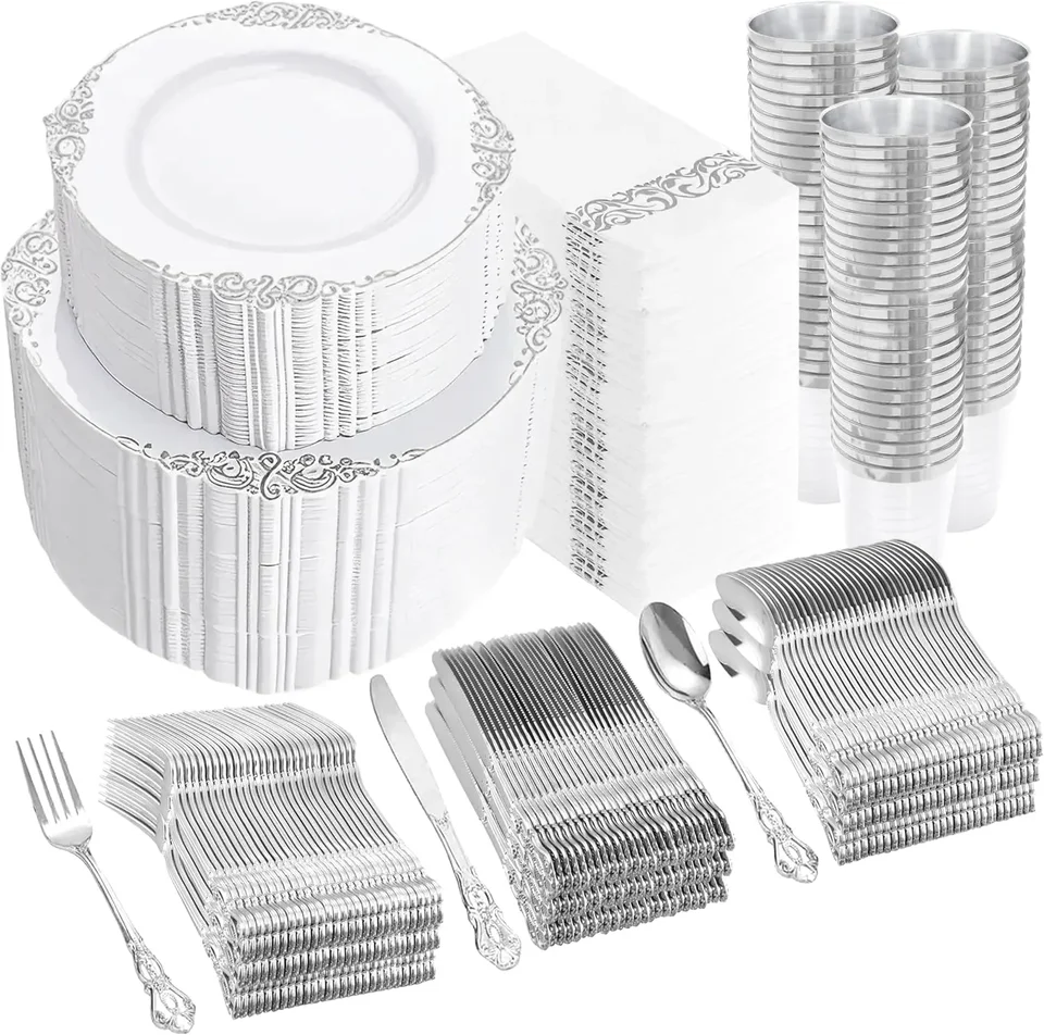 Elegant 700 Piece Silver Plastic Dinnerware Set