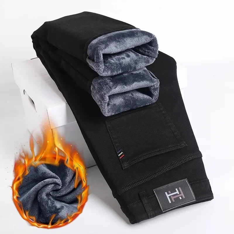 New Winter Casual Men Plush Wool Slim Fit Business Jeans Male Elastic Straight Fleece Denim Pants Warm Thick Fur Skinny Trousers 3