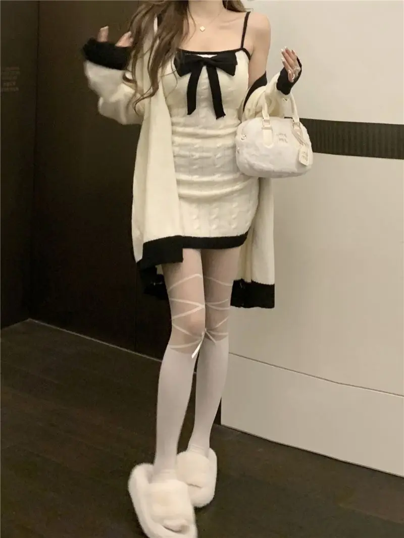 Elegant Knitted Two-Piece Set Women Bow Designer Sweet Party Dress Set Female Korean Style Sweater Mini Dress Suit Winter