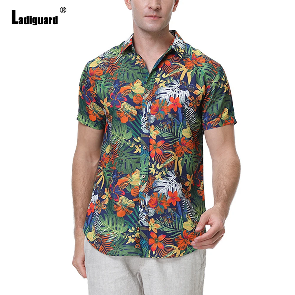 Ladiguard Mens Bohemian Flower Print Blouse 2022 Short Sleeve Beach Shirt Masculina Camisa Tops blusas Homme Ropa Men Clothing