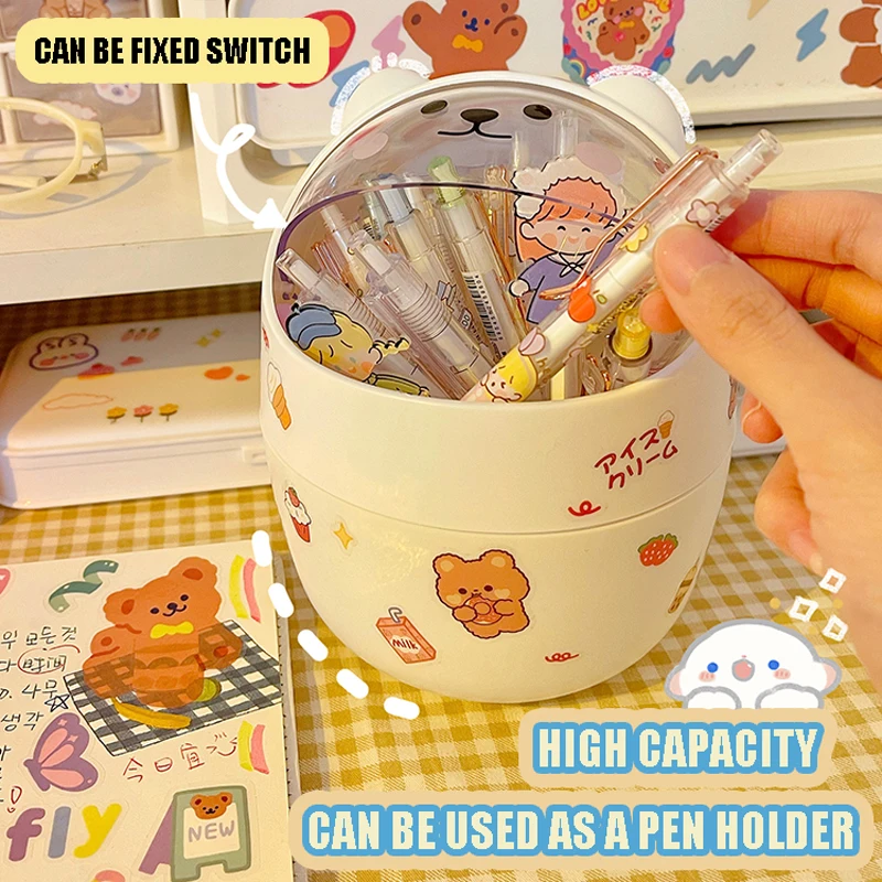 Trash Can Organizer Ins Desktop with Lid Kawaii Cute Bear Trash Bin Storage Box Girl Pen Holder Storage Bucket with Flip Top