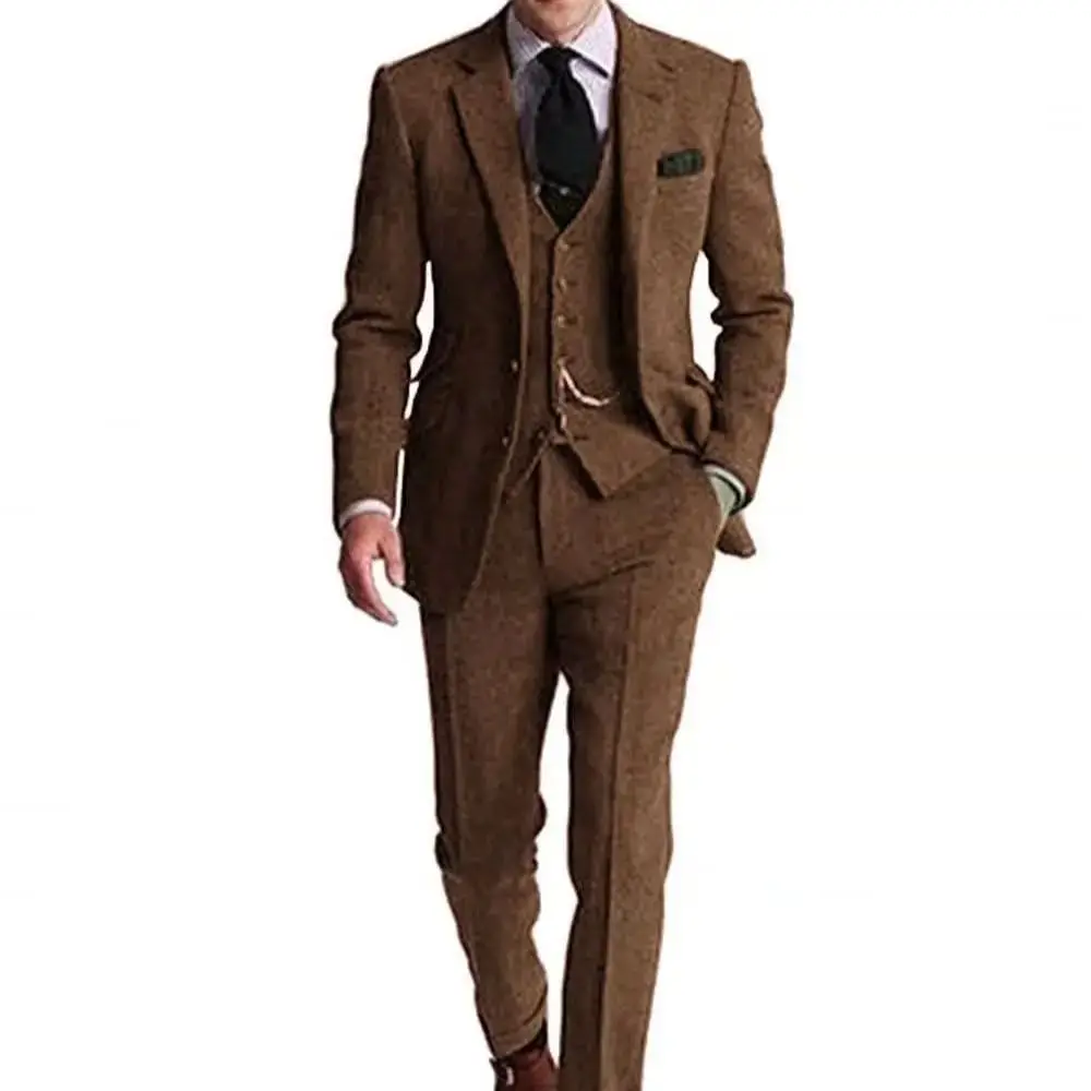 

2024 Retro 3 Piece Brown Grey Tweed Herringbone Men's Suits Slim Fit Groom Tuxedos Prom Blazer Custom Jacket