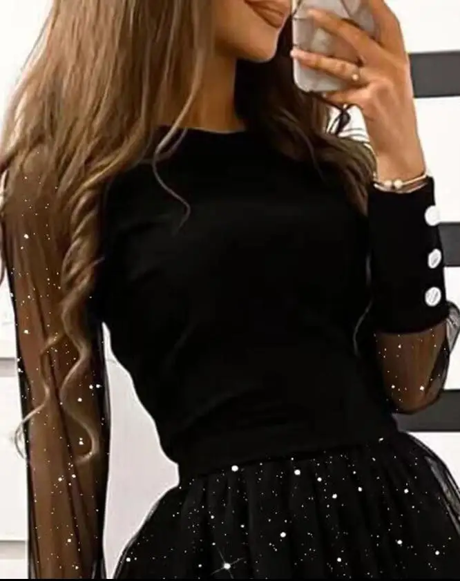 Womens Dresses 2024 Spring Fashion Glitter Print Long Sleeve Layered Sheer Mesh O-Neck Plain Button A Line Mini Party Dress - Image 2