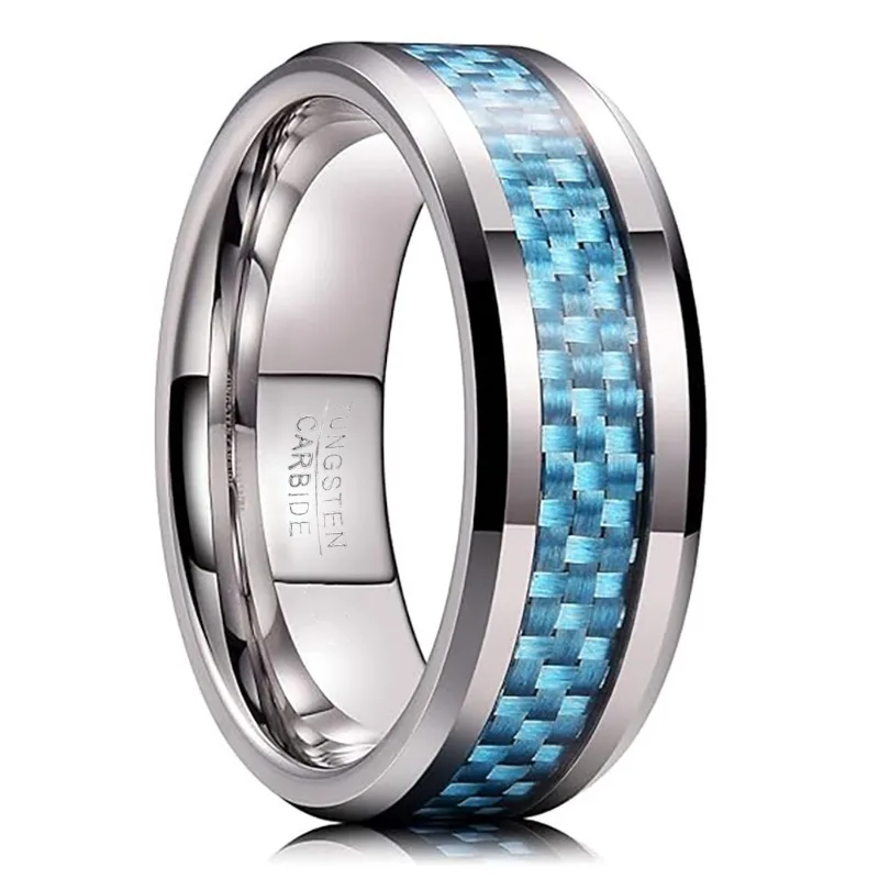 Somen 8mm Black Tungsten Carbide Rings Wedding Band For Men Blue Carbon Fiber Inlay Beveled Edge Polished Jewelry Men's Ring 4