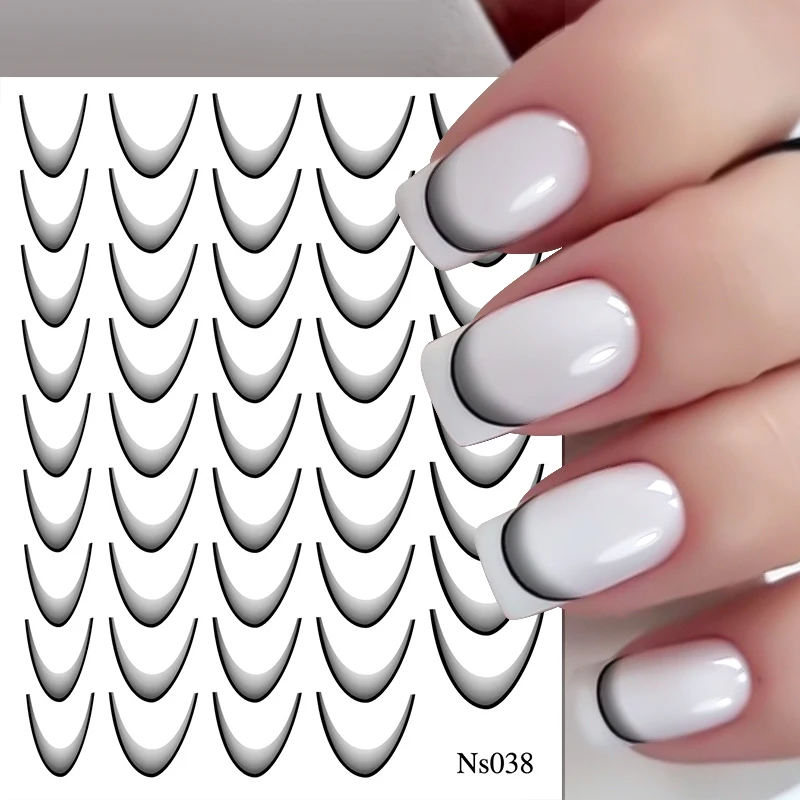 1/2Pc 3D Gradient French Line Nail Stickers Black White Stripe Lines Sliders Nail Accessories Manicure Flower Butterfly Adhesive 2