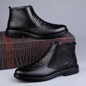 Genuine Leather Men Ankle Boots Casual Shoes Western Cowboy Boots Black Lace Up Wedding Office Dress Boots Men Business Shoes 3
