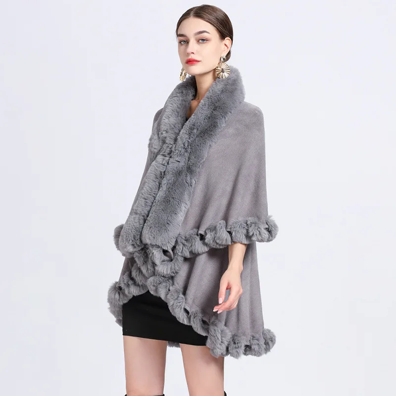 

Autumn Winter New Imitation Otter Rabbit Fur Collar Shawl Knitted Cardigan Loose Coat Ponchos Women Capes Gray Cloak