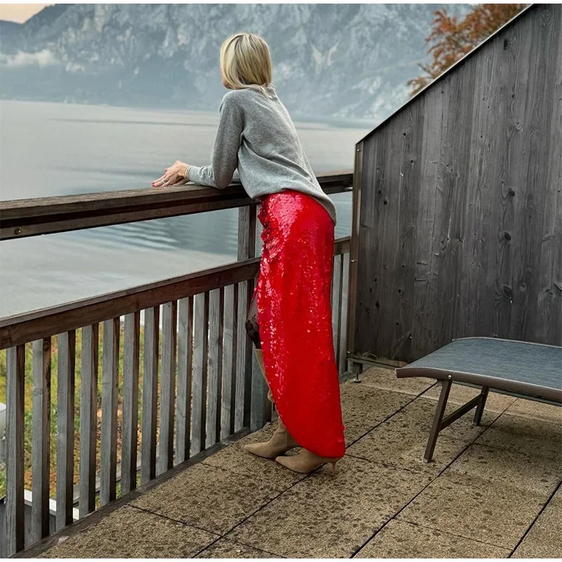 Sequins Red Christmas Sequin Skirts For Women Shiny Split Loose High Waist Straight Skirt 2025 Spring Party Y2K Streetwear New