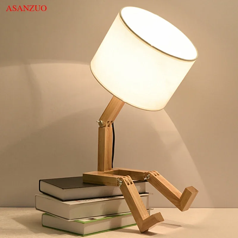 

Nordic Art Wooden Robot Shaped Table Lamp Modern Living Room Bedroom bedside lamp Study Decor LED Desk Lamp E14