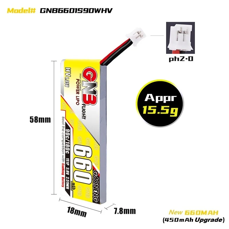 

1-10Pcs Gaoneng GNB 660mAh 3.8V 1S 90C/180C HV 4.35V Lipo Battery With PH2.0 Plug For Emax Tinyhawk King Kong Ldarc TINY7