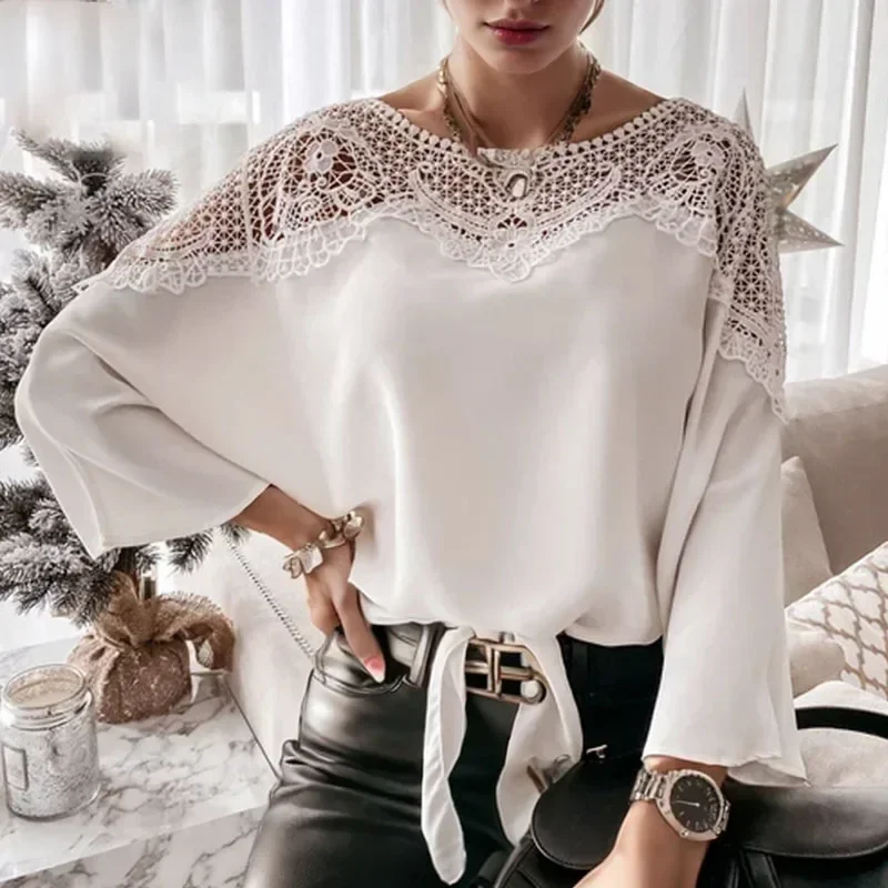 

Spring Embroidery Lace Blouses Vintage Loose Fit Ladies Tops Sexy Solid Stitching Ladies Shirts Elegant New Women Blusas 12459