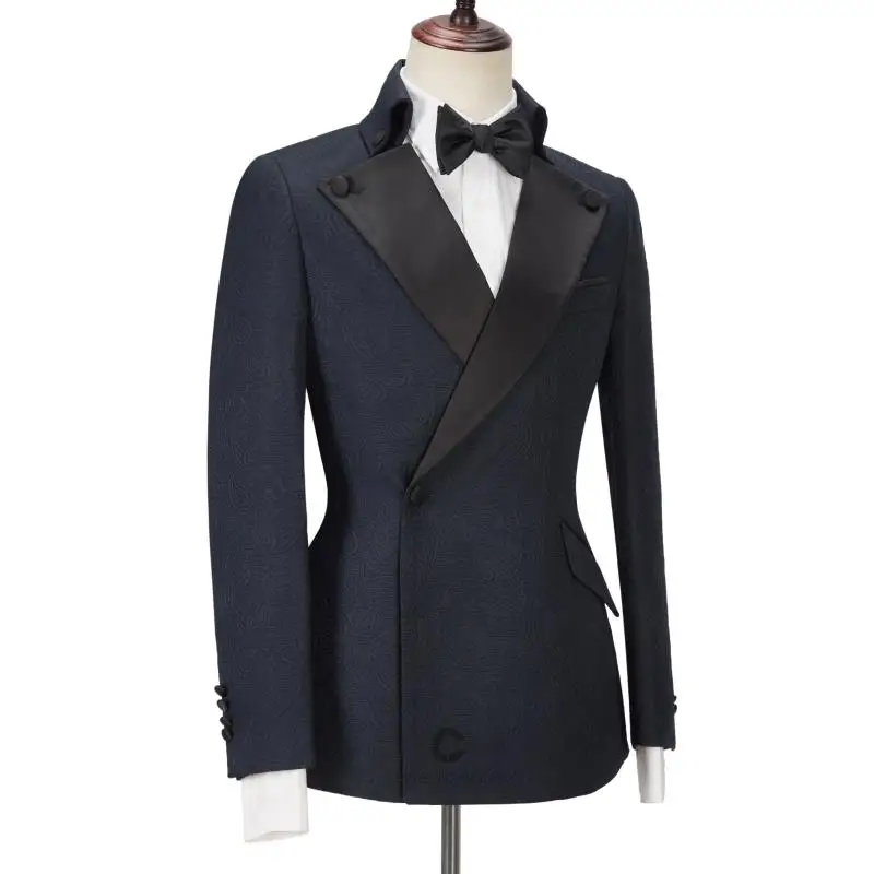 Jacquard Men Suits Set For Wedding Formal Groom Tuxedo 2 Pcs Navy Blue Blazer+Black Pants Custom Made Party Jacket Male Coat