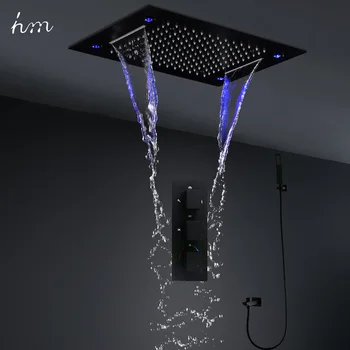 HM คุณภาพสูงสีดํา LED ระบบเพดานน้ําตก Rain Shower HEAD ชุด Thermostatic Mixer วาล์ว Diverter ก๊อกน้ํา 1