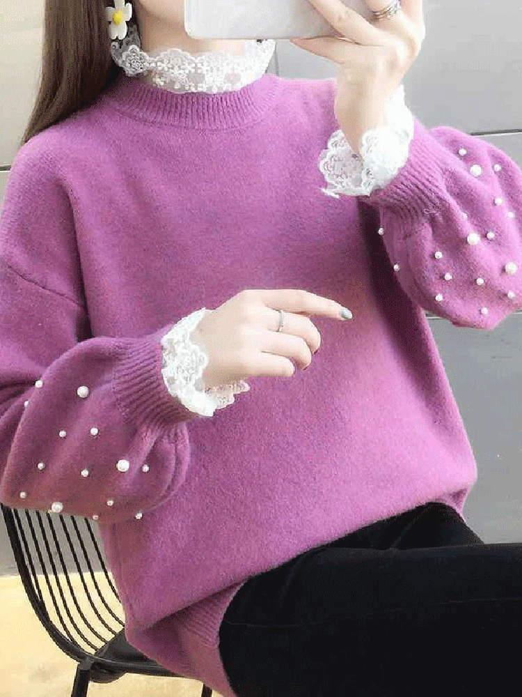

Long sleeve Lace Sweater Women 2023Fake Two-piece Loose Casual Knitted Sweaters Female Autumn Winter Turtle-neck Pullover