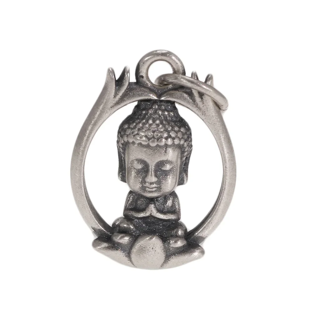 S925 Sterling Silver Buddhist Pendant Necklace Vintage Vintage Lotus Three-dimensional Buddha for Men and Women Solid Jewelry