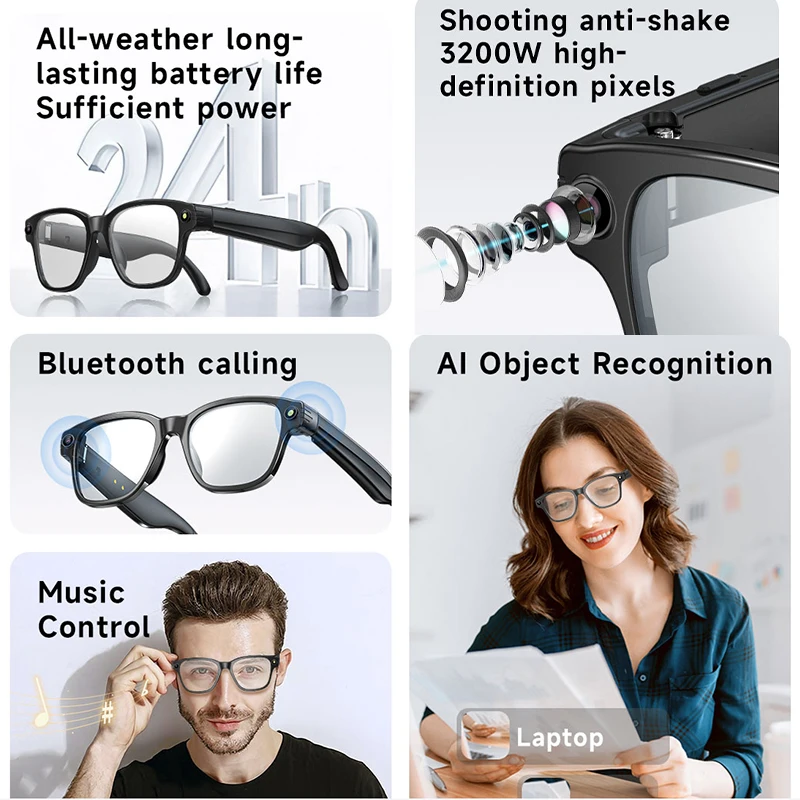 Bluetooth Smart Glasses 8MP Camera Glasses Anti-shake 1200P HD Video Record Music Play Voice Call Glasses Translation AI Glasses