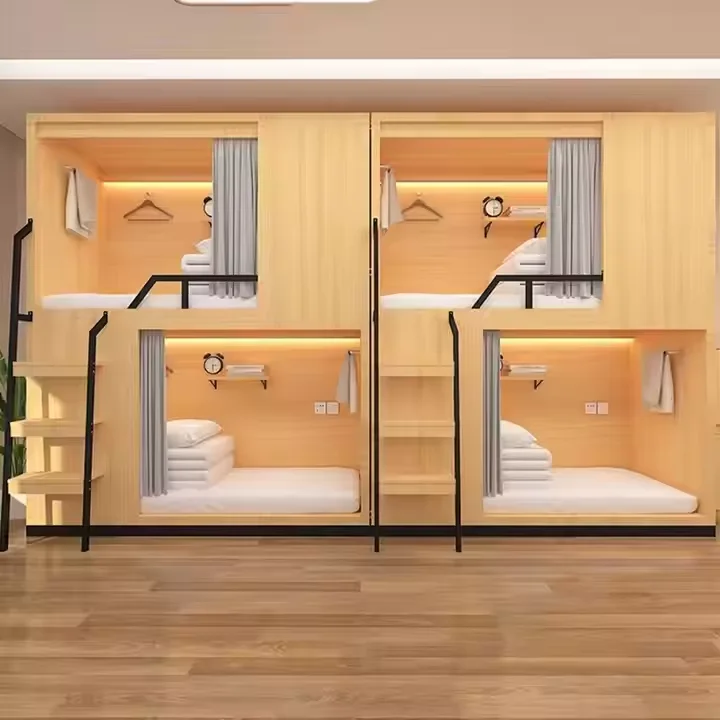 thumbnail image 1 of Cama alta tamaño Queen moderna con escaleras, muebles de madera de calidad para dormitorios, albergeles, apartamentos para adultos, dormitorios, hoteles, escuelas, 1 of 3