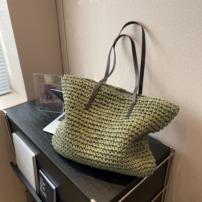 strandtaschen umhängetasche damen handtasche damen MOODS Luxus Design Stroh gewebte Einkaufstaschen für Frauen große Kapazität Schulter Strand tasche reine Farbe Sommer neue große Einkaufstasche — изображение 6