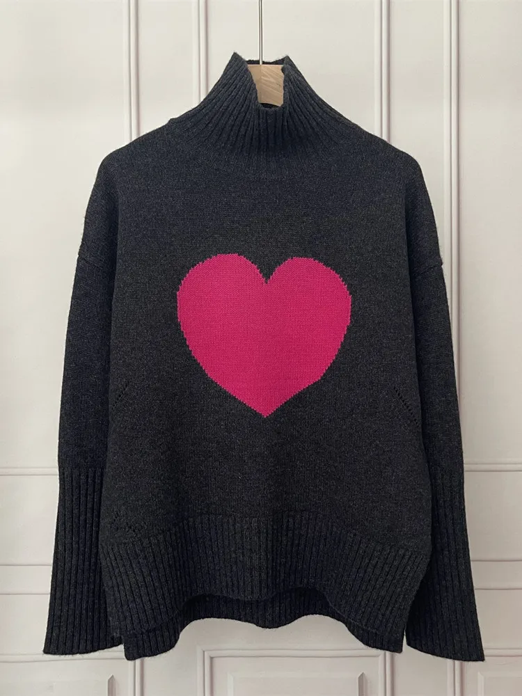 

Women Cashmere Sweater Heart-Shaped Jacquard Short Front and Long Back Fall Winter 2024 Loose Ladies Blue Gray Hem Slit Jumper