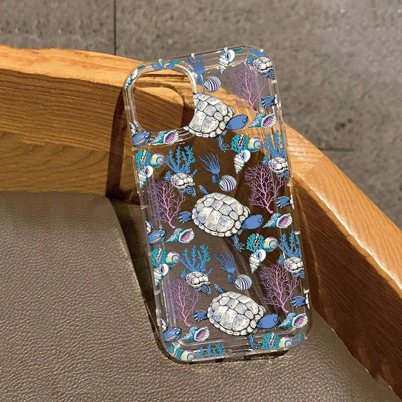 Chic Transparent Phone Case with Turtle Coral Seashell Design