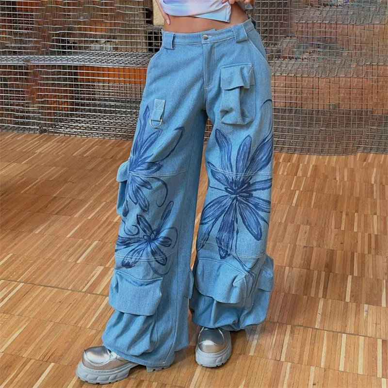 

Women's pants 2024Summer New Fashion Graffiti Pure Cotton Jeans Retro washed low waisted wide leg pants y2k cargo pants trousers