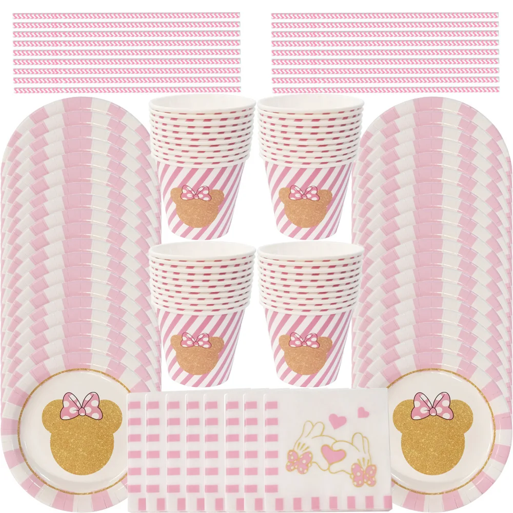 

Kids Birthday Party Minnie Mouse Decoration Set Party Supplies Paper Cup Plate Napkins straw set for baby girl favor baby shower