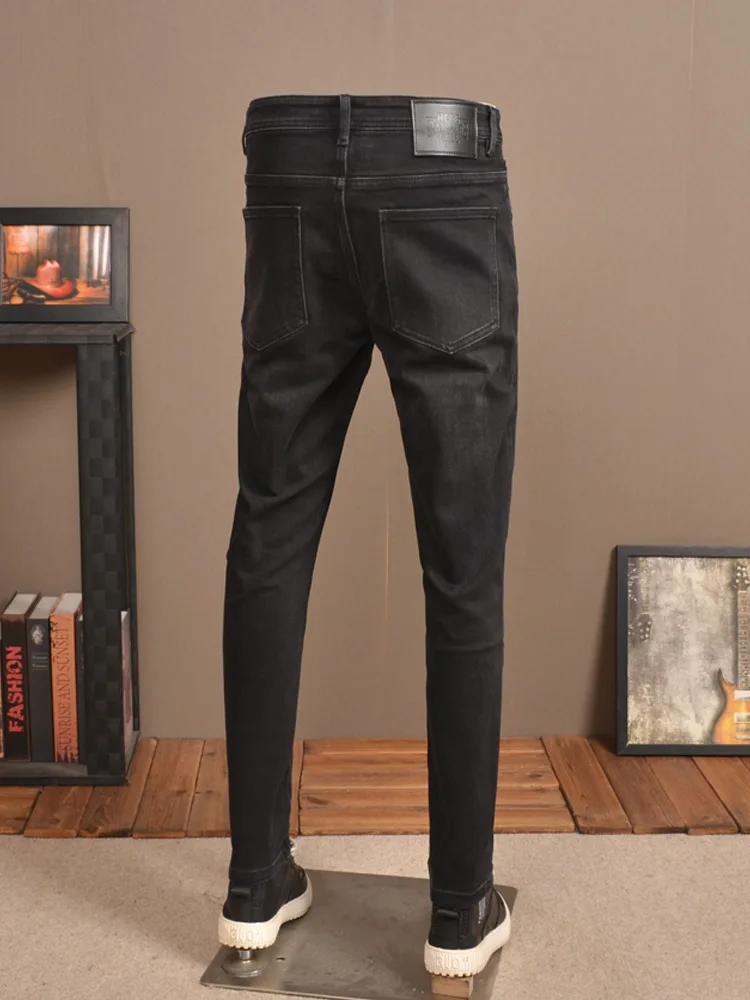 Retro Black Jeans Men's Simple Classic Stretch Slim Straight Korean Style Fashionable Washed Distressed Casual Trousers