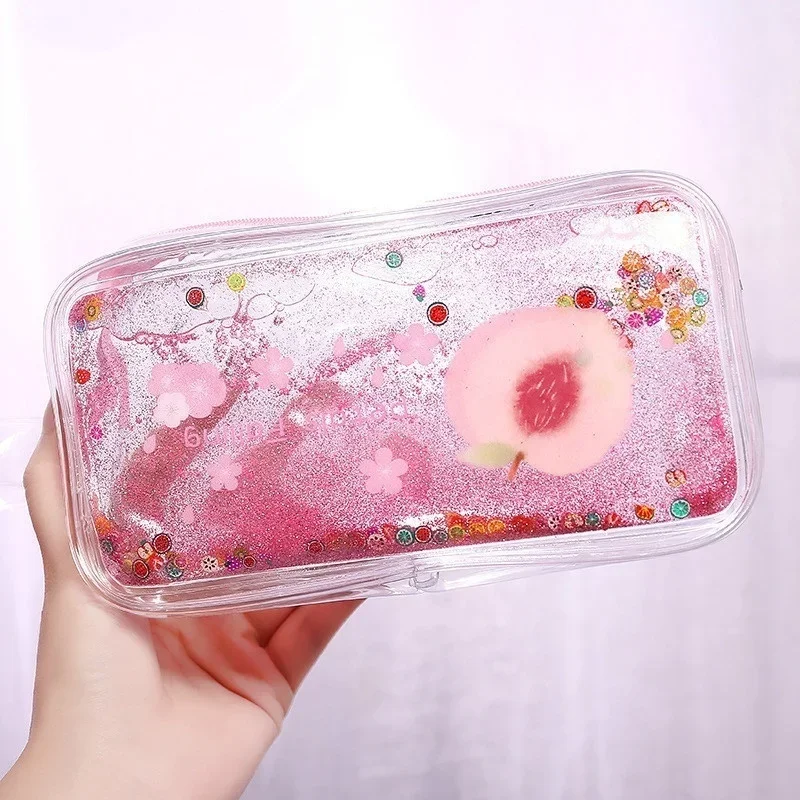 Kawaii-퀵 샌드 복숭아 연필 케이스, 대용량 가방, 투명 반짝이 케이스, 소녀용 펜 박스, 1 개