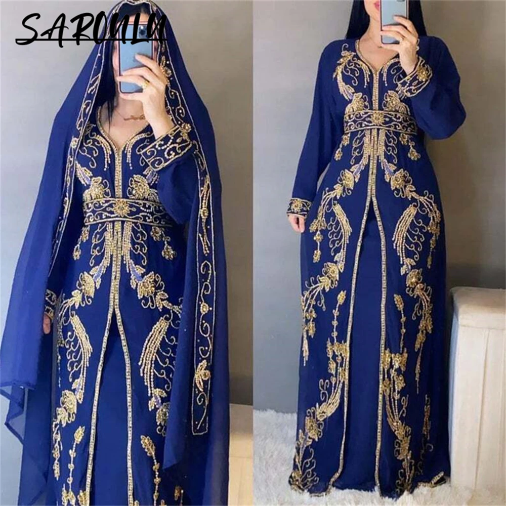 Chiffon Long Sleeve Arabic Prom Dress With Veil Gold Lace Appliques Belt Included Muslim Morrocan Evening Dress For Formal Event