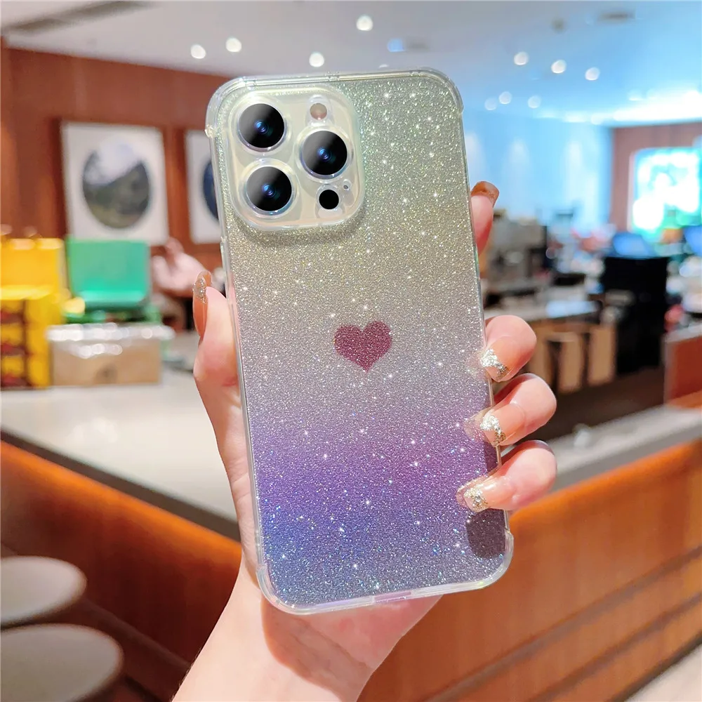 Glitter Love Heart Phone Case Shockproof Soft Gradient Cover_voghion.com