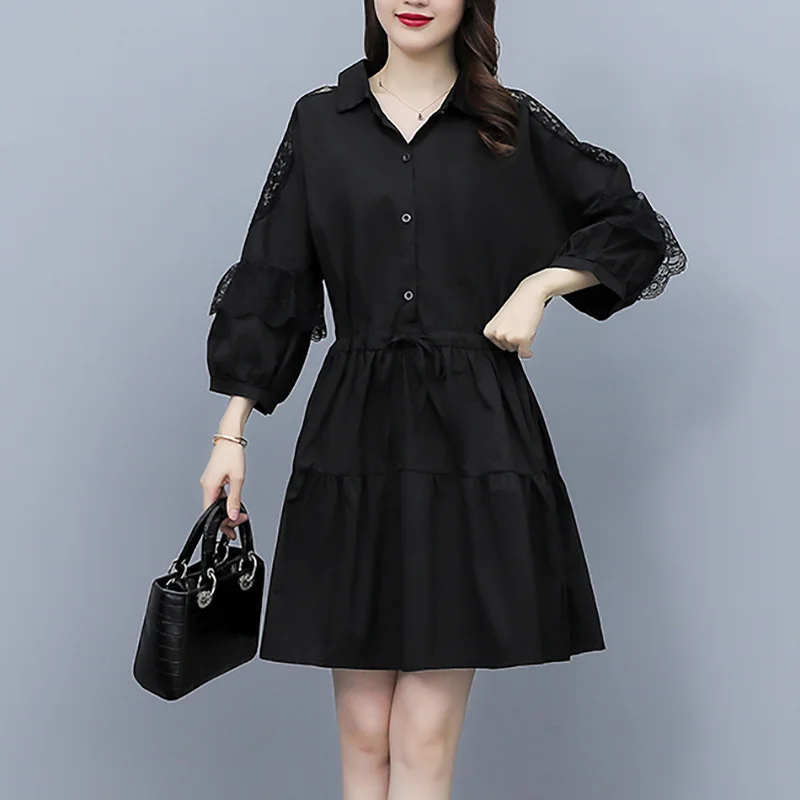 

Women Casual Shirt Dresses, Lace-Up, POLO Lead, Slim, Stitching, Long Dress, Female Clothing, Spring, Summer, New, Fashion, 2023