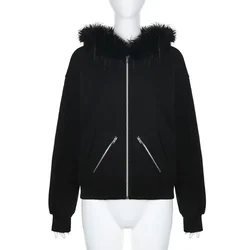 Women's Fur Collar Zip-Up Hoodie, Chic Streetwear, Aesthetic Vintage Cardigan - M (A)