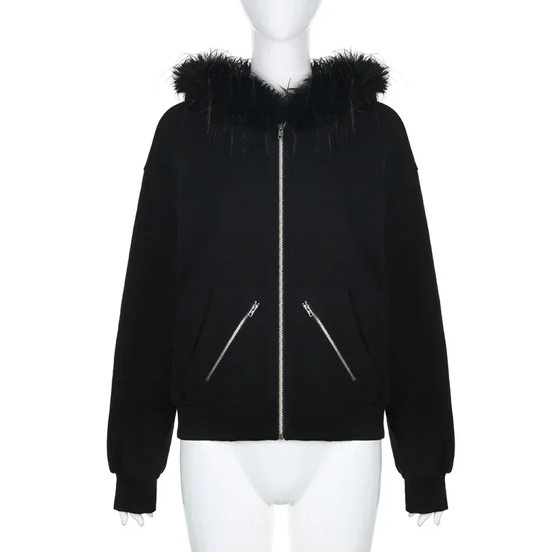Women's Casual Fur Collar Zip Up Hoodies, Chic Streetwear, Aesthetic Pockets Cardigans, Vintage Fashion 6