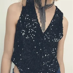 Sequins Vest for Women Black Formal Prom Party Covered Button Glitter Waistcoat Monochrome Lady Wear 1 Piece Streetwear