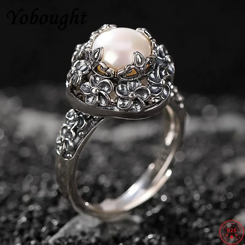 

Genuine S925 Sterling Silver Rings For Women New Fashion Round Freshwater Pearl Vintage Hollowed Out Flowers Ring Adjustable