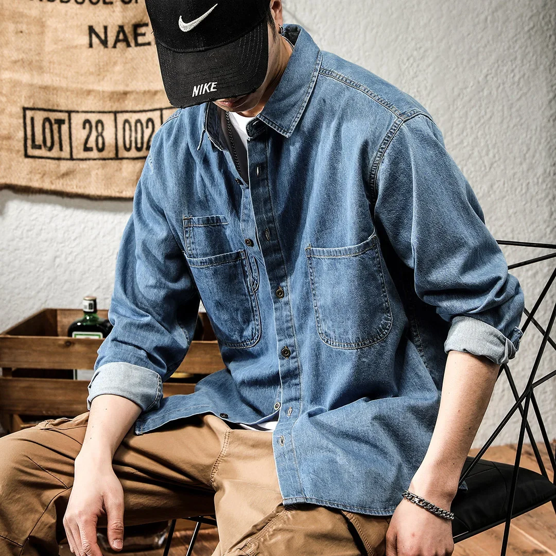 Spring Season American Style Vintage Men's Denim Work Shirt Long Sleeve Casual Fashion Trendy Versatile Jacket denim shirt,long sleeved shirt