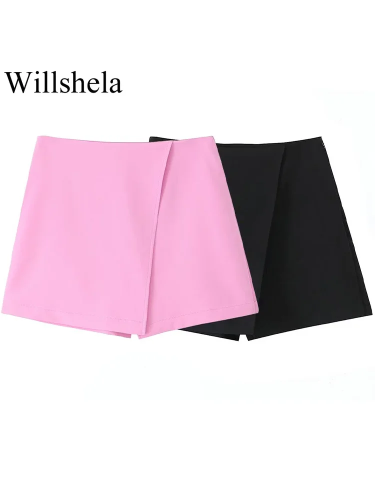 

Willshela Women Fashion Solid Asymmetrical Slit Side Zipper Mini Skirts Shorts Vintage Mid Waist Female Chic Lady Shorts