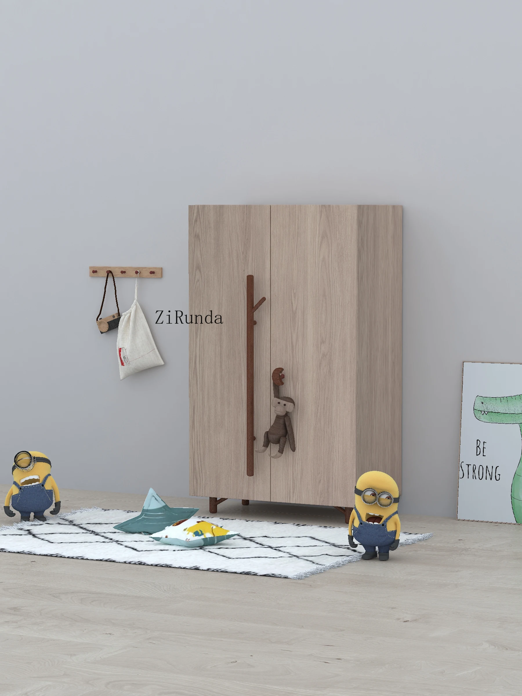 *Full solid wood children's wardrobe cartoon monkey boy girl household bedroom small unit low wardrobe