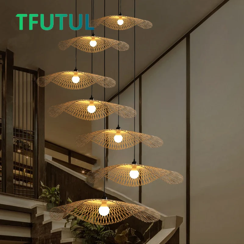 Chinese Style Bamboo Woven Wicker Pendant Lights Natural Rattan Shade Cap Hanging Lamp Restaurant Hotel Bedroom Lighting Fixture