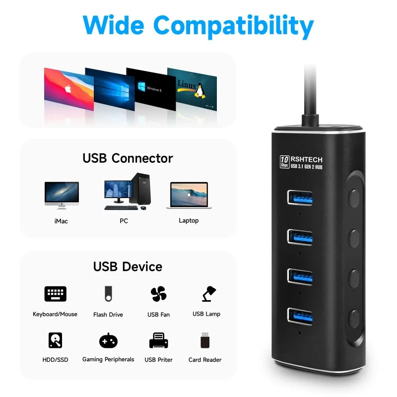 RSHTECH USB Hub Aluminum 4/7 Ports USB 3.1/3.2 Gen2 Hub 10Gbps USB Splitter with Individual on/Off Switches for Mackbook Laptop 6