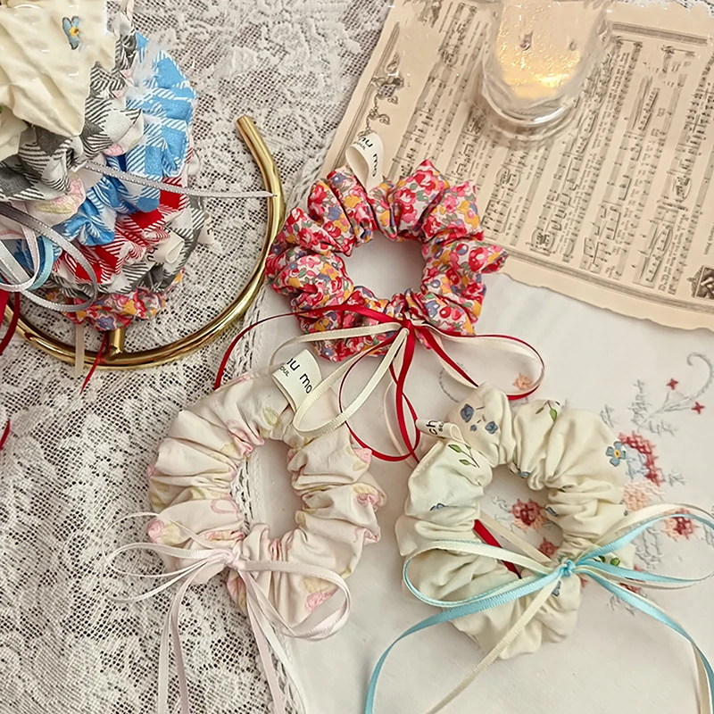 

French Fashion Floral Scrunchies Hair Rope Sweet Cute Bow Ribbon Ponytail Hair Ties Hair Accessories Elegant Versatile Hair Ring