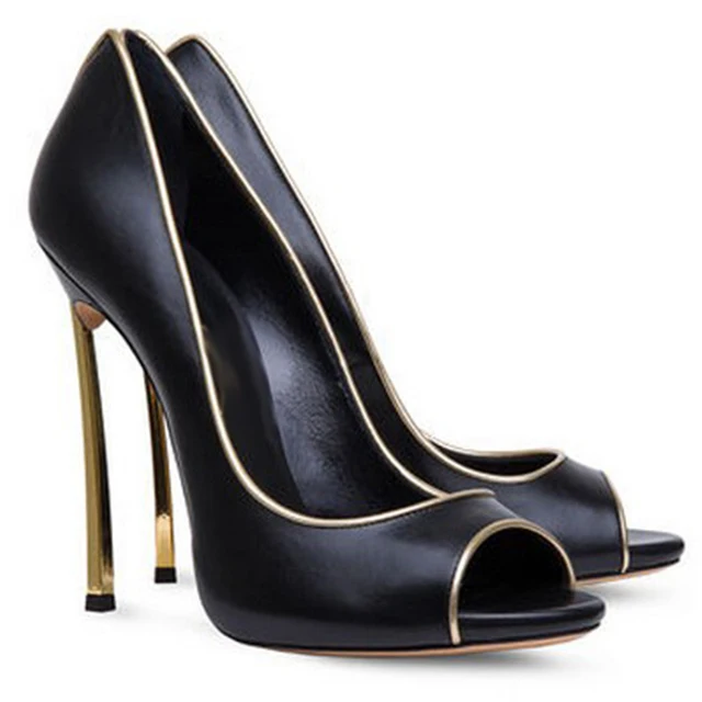 

Sexy Gold Bordered Peep Toe Blade Heels Pumps Woman Metallic High Heels Red Black Apricot Banquet Shoes