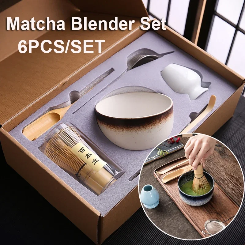 6Pcs/set Tea Whisk Brush Set Bamboo Matcha Whisk Scoop and Holder Matcha Bowl with Strainer Japanese Ceremony Accessory
