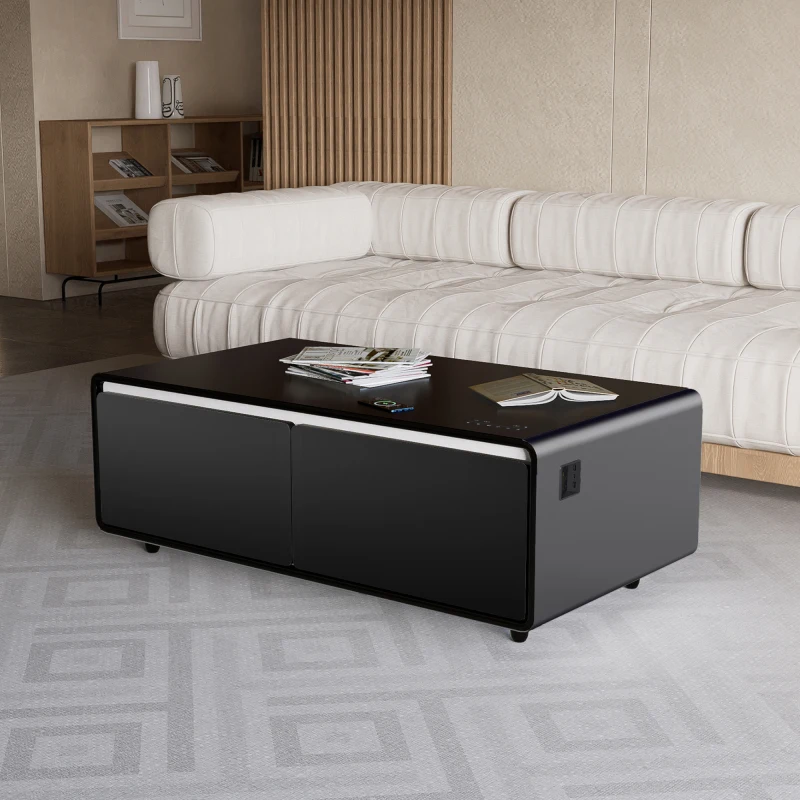 Black Modern Smart Coffee Table with Built in Fridge Bluetooth