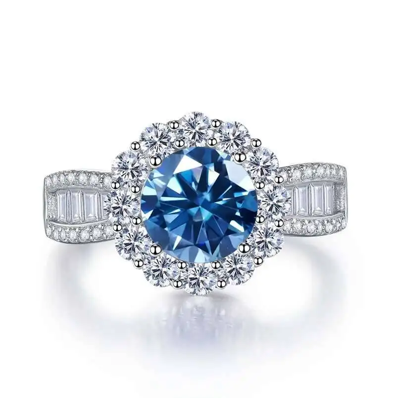 Elegant Round 2 Carat Pink Royal Blue Moissanite Sterling Silver Engagement Ring
